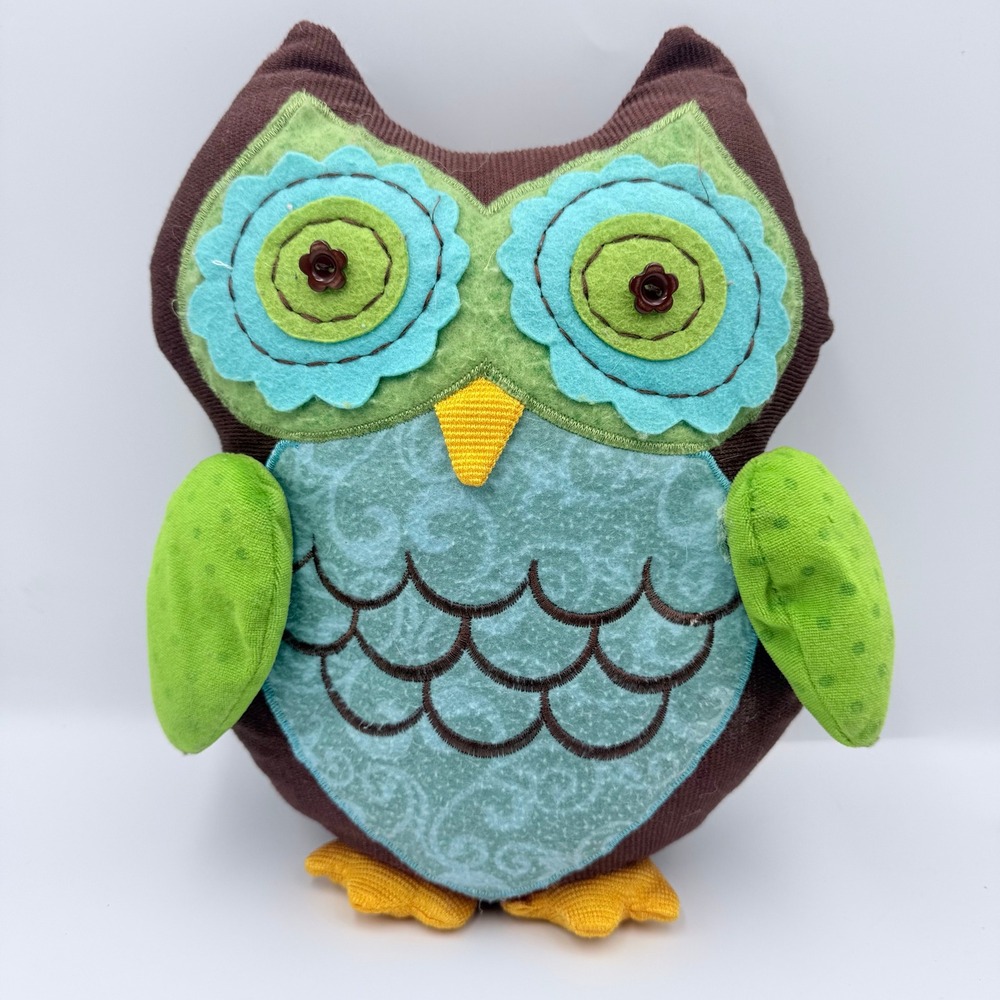 Brown Teal Green Owl Plush Pillow Soft Toy Patchwork Button Eyes 11 Inch